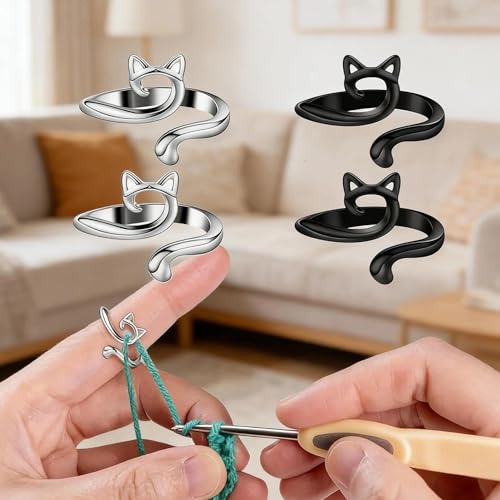4Pcs Crochet Ring for Finger Adjustable Yarn Tension Ring Knitting Loop Yarn Guide Thimbles Holder Crochet Accessories and Gadgets Gifts for Crocheters Women Mom