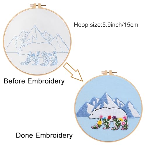Louise Maelys Glacial Polar Bear and Flowers Embroidery Kit DIY Craft - color: glacier