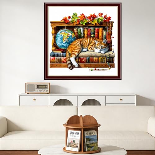 Findvoor Counted Cross Stitch Kits for Adults Full Range of Cross Stitching Embroidery Unprinted Pattern for Beginners, 11CT Needlepoint Cross-Stitch Patterns Embroidery Kits- Bookshelf cat18×18 inch - color: ColourSet05