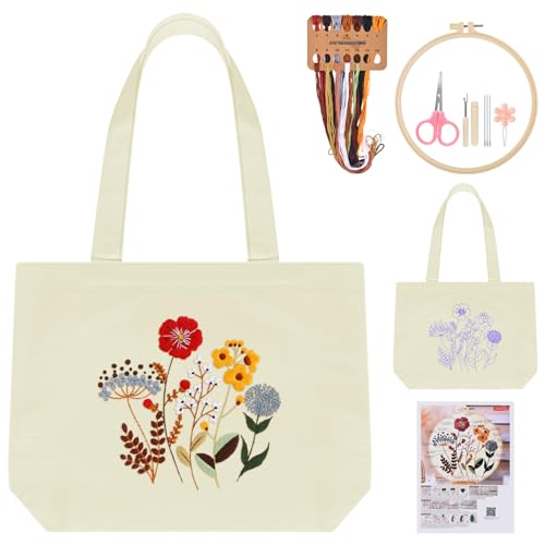 ERKOON Canvas Tote Bag Embroidery Kit for Beginners, Floral Arts Crafts Cross Stitch Kits for Adults Including Stamped Embroidery Bag with Hoops, Needle, Instruction and Color Threads (Flower) - color: Flower-White2