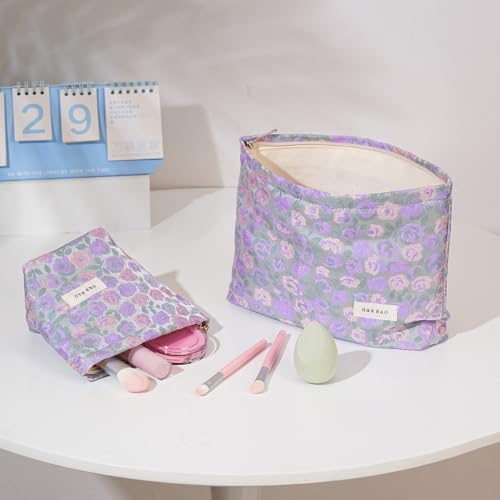 2 Pcs Embroidery Floral Makeup Bag Small Cosmetic Pouch Purse - color: Purple and Pink Flower