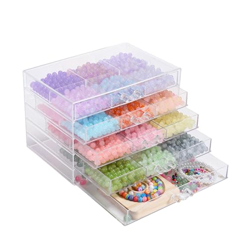 CLUQMEIK 5-Tier Large Bead Organizer Box, Acrylic Jewelry Storage Bead Containers with 5 Drawers, Suitable for Bracelet Making DIY Storing Beads Jewelry Rock Buttons.