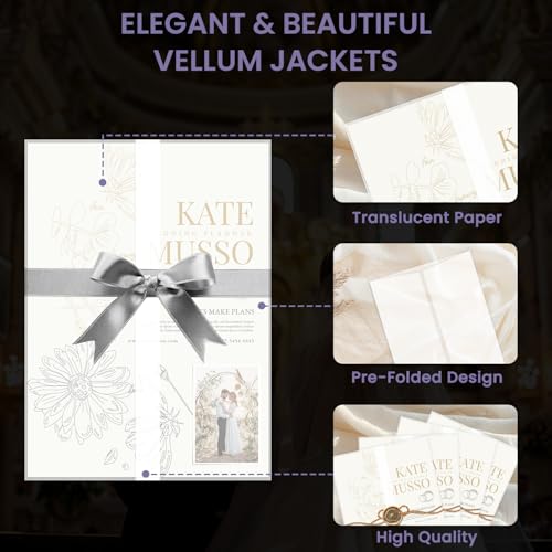 SuFly Pre-Folded Vellum Jackets for 5x7 Invitations, 90-Pack (60lb/93gsm) Translucent Vellum Paper 5x7 Sleeves, Invitation Jackets, Elegant Wedding Invitation Accessories, Envelope Liners, DIY Crafts. - size: 5" x 7", 90 Pack