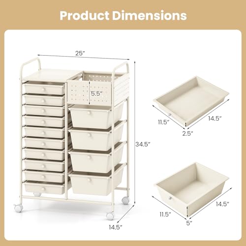 Giantex 14 Drawer Storage Cart, Rolling Craft Cart with Metal Tabletop & Pegboard, Mobile Utility Organizer Trolley with Locking Wheels, Home Office, Ivory - color: Ivory, size: 14 Drawer-25"x14.5"x34.5"