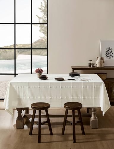 ZeeMart Grid Embroidered Rectangle Hemmed Tablecloths 60x84in, Off-White - color: Off-white, size: 84" x 60" (Rectangular)