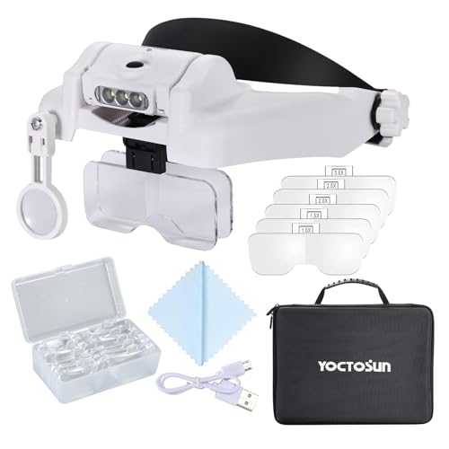 YOCTOSUN Magnifying Glasses with Light 1X-14X, Rechargeable LED Headband Magnifier with 6 Lenses and Storage Case, Hands Free Head Magnifying Visor for Close Work, Sewing, Crafts,Jewelry - style: Headband Magnifier 1X-14X with Storage Case
