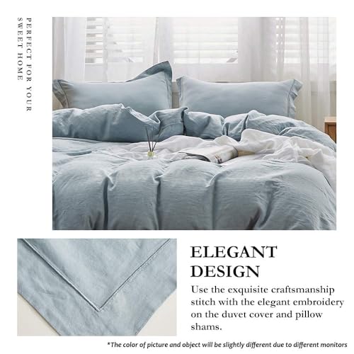 Simple&Opulence 100% Linen Duvet Cover Set with Embroidery Border Washed - 3 Pieces (1 Duvet Cover & 2 Pillow Shams) with Button Closure Soft Breathable Farmhouse - Dusty Blue, Full Size - color: Dusty Blue, size: Full