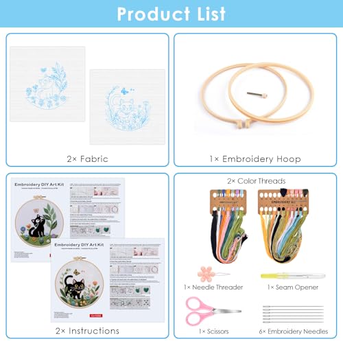 ERKOON Embroidery Kit for Beginners, 2 Set Flower Cross Stitch Set Include Embroidery Cloth Hoops Threads for Craft Lover Hand Stitch with Embroidery Skill Techniques (Cat) - color: Cat