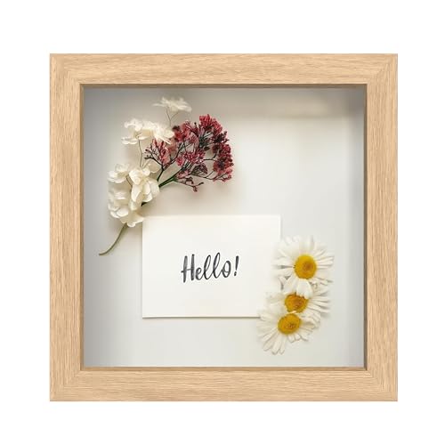 FrameWorks 8” x 8” Natural Oak Wooden Shadow Box Frame – Display Case with Soft Felt Back, Memory Box with Tempered Glass, Display Box with Elegant White Ball Push Pins, Wooden Flower Box - color: Natural Oak, size: 8"x8"