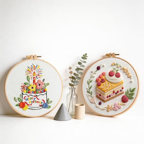 spicssa Embroidery Kit for Beginners, Hand Needlepoint Kits for Adults with Pre-Stamped Patterns, 7.8-Inch Hoop, Threads & Needles, Step by Step Instructions - color: Cake C