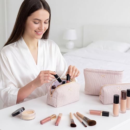 Sanwuta 3 Pcs Seersucker Pouch Cosmetic Bag Set,Khaki - color: Khaki