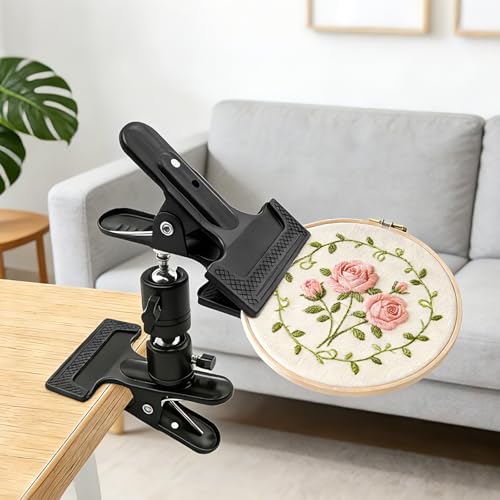 Portable Metal Embroidery Hoop Stand Holder, Rotated Embroidery Hoops Stand Table Clip, Black Cross Stitch Hoop Holder for Most Size/Shape Embroidery Needlework Hoops