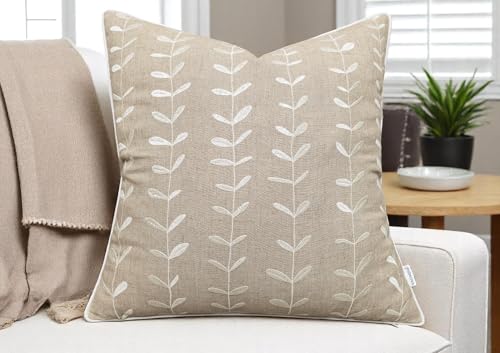 VAGMINE Embroidered Vine Leaf 18x18 Throw Pillow Cover, Natural - color: Natural-lollipop, size: 18" x 18" (Pack of 1)