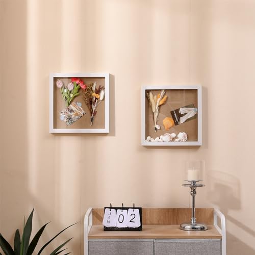 Muzilife 10x10 Shadow Box 3D Picture Frames, Wood, Real Glass, White,2 Pack - color: 2pc 10x10-white