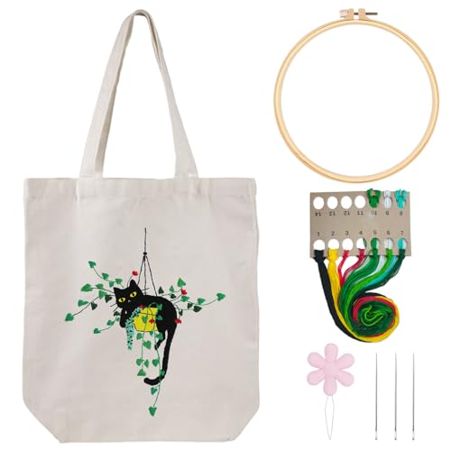 Louise Maelys Plant Cat Embroidery Kit Canvas Tote Bag for Beginners - color: plant cat
