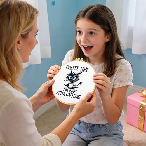 Cute Cat Embroidery Kits for Beginners Adults, Coffee Hand Embroidery Starter Kit, Stamped Cross Stitch Kits for Beginners Adult Craft Kit for Women, Entire Set of Embroidery Supplies & Video Tutorial - color: H2077, size: 8Inch