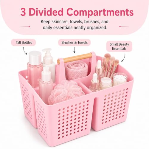Portable Shower Caddy Basket with 3 Compartments and Handle, Caddy Pink - color: Caddy Pink