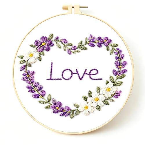 Zhenqing Heart Wreath Embroidery Kit for Beginners, Pre-Printed 29x29cm Cotton Fabric with 20cm Hoop, Love Floral Design for Romantic Gift and Home Decor (C0236)