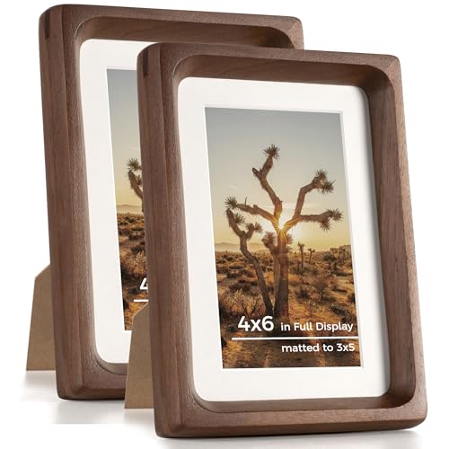 RICHFOCUS 4x6 Picture Frame USA-Sourced Natural Walnut Solid Wood Photo Frame Handcrafted Rounded Corner Wooden Frame with Real Glass Display Photos 3x5 with Mat or 4x6 Without Mat, 2PCS - color: Walnut, size: 4x6-2PCS