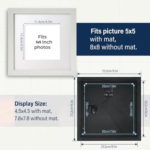 8x8 Photo Frame Gallery Square Picture frame with 5x5 mat,Freestanding and Wall Mountable,White - color: White, size: 8x8