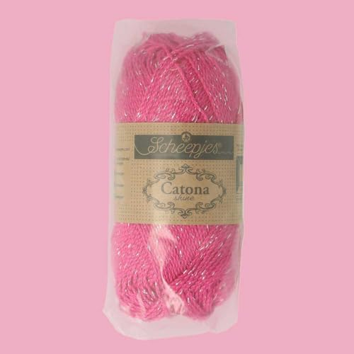 Scheepjes Catona Shine Metallic Cotton Yarn, 50g - 114-S Shocking Pink - color: 114-S Shocking Pink - Silver