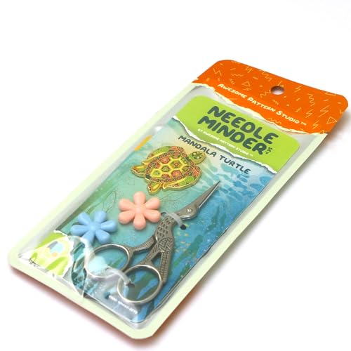 Awesome Pattern Studio Needle Minder Set - Mandala Turtle Magnetic Needle Minder + 2 Needle Threaders + Crane Scissors. Enamel Pin for Cross Stitch, Embroidery and Craft - size: Turtle Set #2