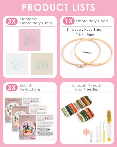 TINDTOP 3 Pack Embroidery Kit for Adult, Embroidery DIY Starter Kit - color: Plants C