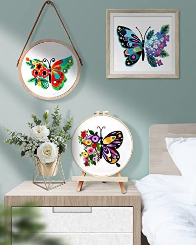 TINDTOP 3 Sets Embroidery Stitch Practice kit, Butterfly Flower Embroidery Kit for Beginners Include Cloth Hoops Threads for Craft Lover Hand Stitch with Embroidery Skill Techniques - color: Butterfly (with 1 Hoop)