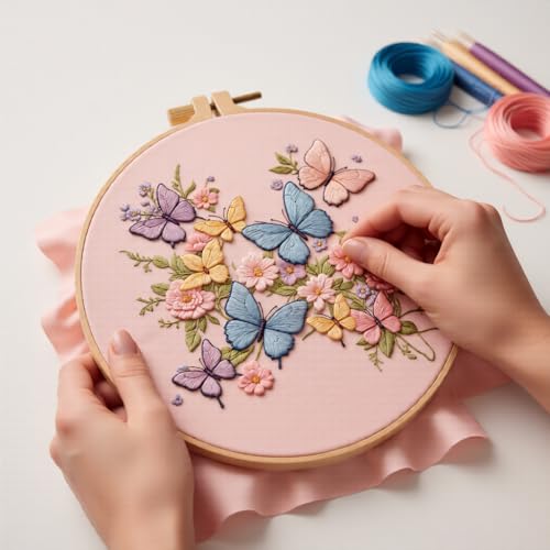 Embroidery Kit for Beginners & Adults Starter Kit, Cross Stitch Kits,DIY Hand Embroidery Needlepoint Set with Hoop, Pre-Printed Fabric, Threads and Instructions (Butterfly) - color: Butterfly