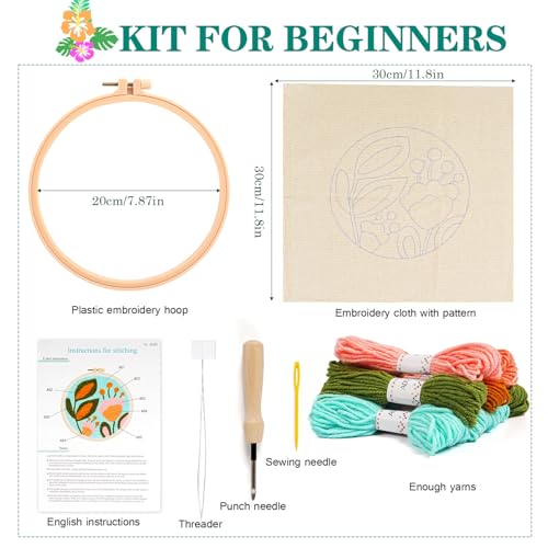 KESTAR Punch Needle Embroidery Starter Kits, Tulip Flower Punch Needle Kits for Adults Beginner, Needle Punch Kit Tool with Instruction Threader Fabric Yarns and Hoop - color: Pink Flower
