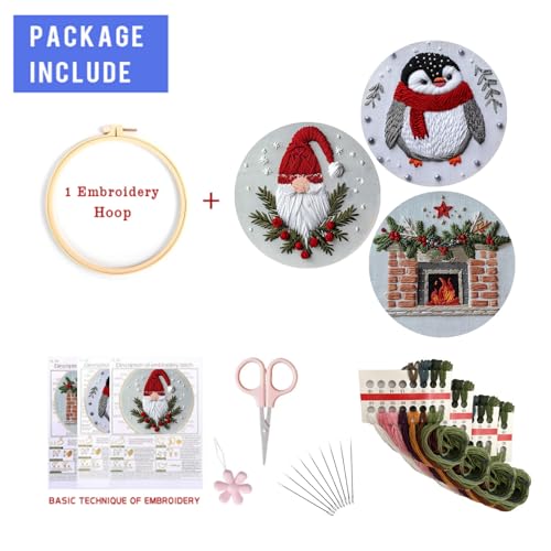 EOBTAIN 3 Pcs Funny Christmas Embroidery Kit for Beginners,Red Gnome and Penguin Embroidery Starter Kit Winter Xmas Fireplace Stamped Patterns with Hoop,Thread,Needles,Hand DIY Craft Kits for Adults - color: Red White