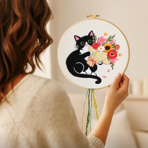 Nuberlic Embroidery Kits for Beginners with Cat and Flower Pattern - color: Kit-8