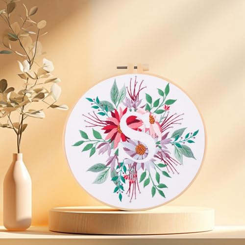 IUHUI Embroidery Kit for Beginners Adults - 26 Floral Letters Easy Patterns, DIY Hand Stitching Embroidery Set with Hoop (Flower and Grass Letter S) - color: Flower and Grass Letter S