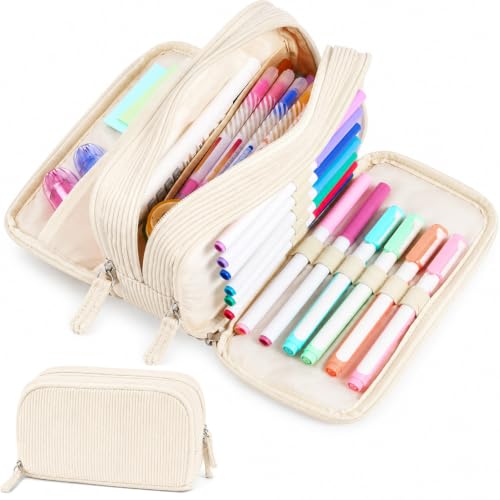 Sooez Big Capacity Pencil Case Pen Pouch, Soft Corduroy Pencil Bag - color: Beige