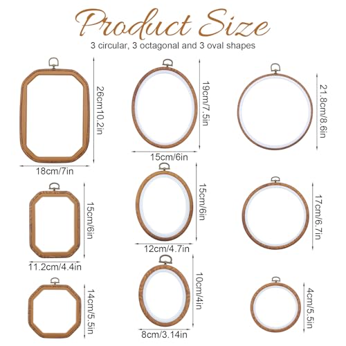 9 Pcs Embroidery Hoops Set Decorative Imitated Wood Display Cross Stitch Frame Circle Oval Octagonal Embroidery Frame Cross Stitch Hoop for DIY Craft Art Sewing Hanging Ornaments