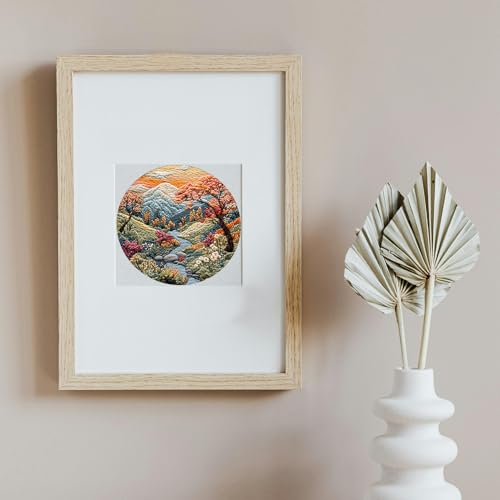 FONNUY Embroidery Kit for Beginners, Boho Nature Landscape Pre-Stamped Pattern Kits for Adults with Hoop, Easy to Follow Color Thread Needlework, 8'' Hoop (Mountain Stream) - color: Mountain Stream