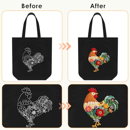 ERKOON Canvas Tote Bag Embroidery Kit for Beginners, Needlepoint Arts Crafts Cross Stitch Kits for Adults Including Stamped Embroidery Bag with Hoops, Needle, Instruction and Color Threads (Rooster) - color: Rooster