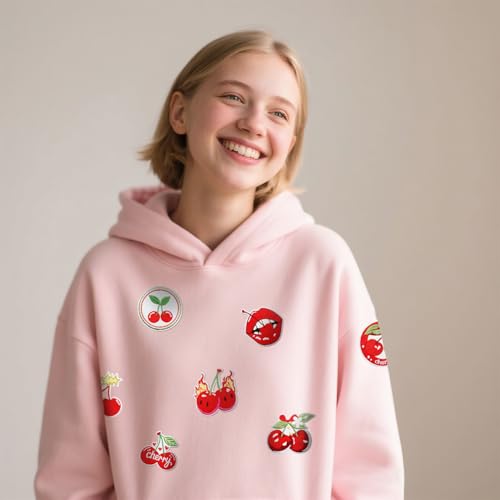 16pcs Cherry Iron/Sew on Patches, Cute Sweet Embroidered Applique, Red Decoration for Clothes, Hat, Bag, Jeans, Dress, Shirt - color: 16pcs Cherry