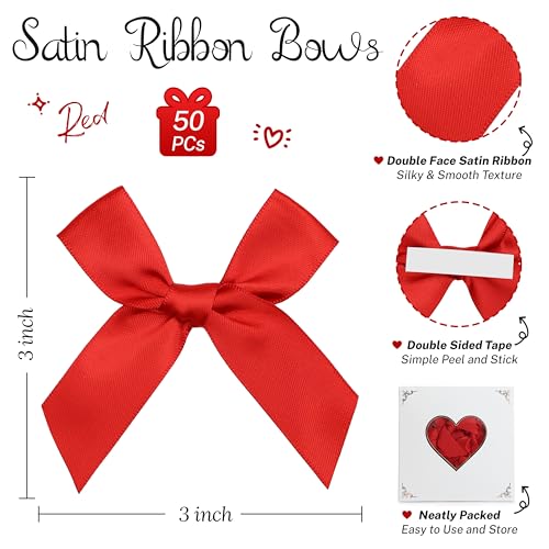 Self Adhesive Red Satin Ribbon Bows for Crafts 3" (50 Pack) - color: Red