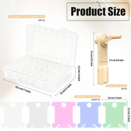 3 Embroidery Floss Organizer Box with 500 Floss Bobbins and 3 Bobbin Winder, Cross Stitch Needlepoint Thread Organizer Kit, Embroidery Accessories and Supplies