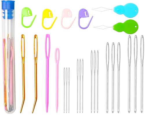 Hekisn 25Pcs Large Eye Blunt Yarn Needles Kit, Assorted Sizes Bent Tapestry Darning Needle & Stitch Markers &Threaders for Knitting, Crochet (Blue) - color: Blue