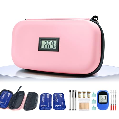 Insulin Cooler Travel Case TSA Approved 2*180g Ice Pack,Temp Display - color: Pink