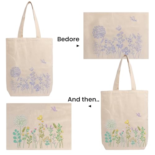CREAWONDER Canvas Tote Bag Embroidery Kit with Pattern for Beginners, Arts and DIY Embroidery Crafts Kits for Adults, Include Instructions, Embroidery Hoops, Color Threads and Tool - color: CR002 banmeng white