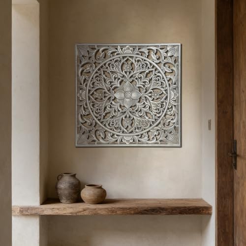 XIAOAIKA Boho Carved Wood Wall Art Panel, Floral Mandala, Distressed Silver - color: Distressed Silver