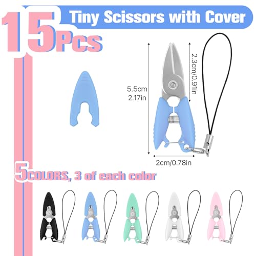 15 Pcs Mini Scissors with Cover, TSA Approved Tiny Scissors with Cover for Travel, Small Craft Scissor, Mini Compact Yarn Keychain Snips for Travel Crafts Sewing Yarn
