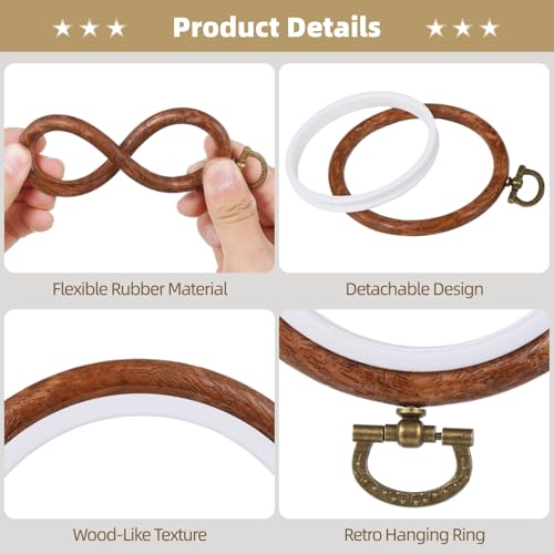 15 PCS Round Embroidery Hoops - 3.7 Inches Imitated Wood Circle Rubber Hoop Frames, Cross Stitch Ornament Hoop Ring, Hanging Wood-Like Frame for DIY Embroidery Art Craft Sewing