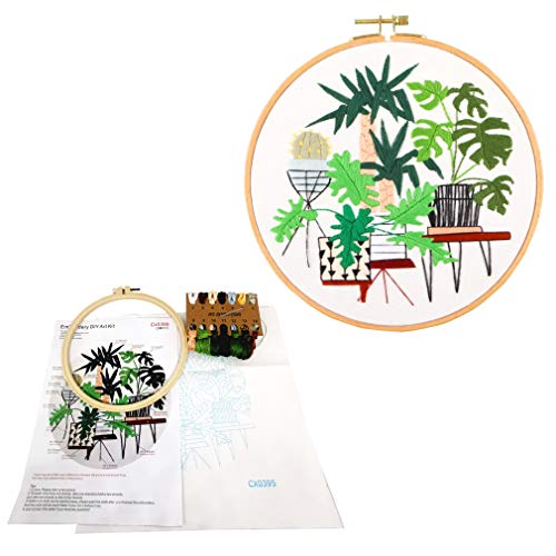 SUQUUB 3 Sets Embroidery Starter Kit with Pattern and Instructions,Cross Stitch Beginner Kits with Frame,3 Plastic Embroidery Hoops,3 Embroidery Clothes and Color Threads (3 X Plant Pattern) - color: 3 X plant pattern