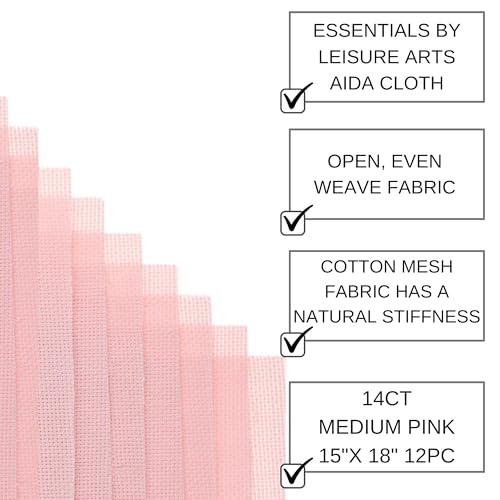 Essentials By Leisure Arts Aida Cloth, 14 Count, Medium Pink, 12pc, Bulk, Cross Stitch Fabric, Embroidery Fabric, Cross Stitch Supplies for Crafting, Stitching, and Sewing Projects 15X19 - color: Med Pink