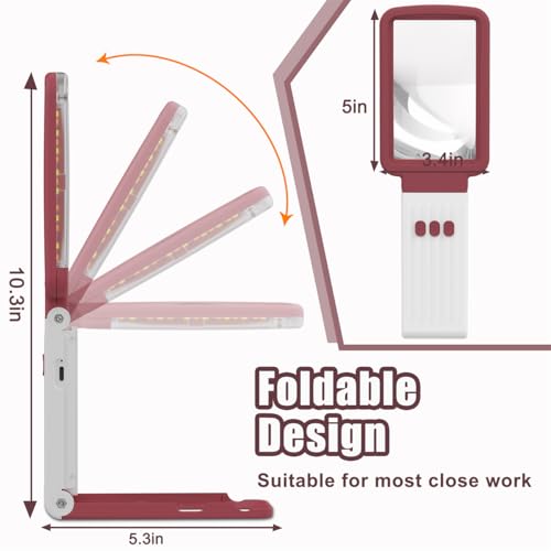 15X Magnifying Glass with Light and Stand, Real Glass Lens, Rechargeable Foldable Handheld Magnifier, 3 Color Modes Dimmable Lighted Page Magnifier for Reading Fine Prints, Seniors - Red White - color: Red White