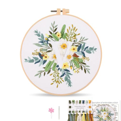 Harimau Letter Pattern V Embroidery Kit for Adult Beginners, Complete Starter Pack with 1 Hoop, Needles, Instruction Guide & Embroidery Stitch Video Tutorials - color: V